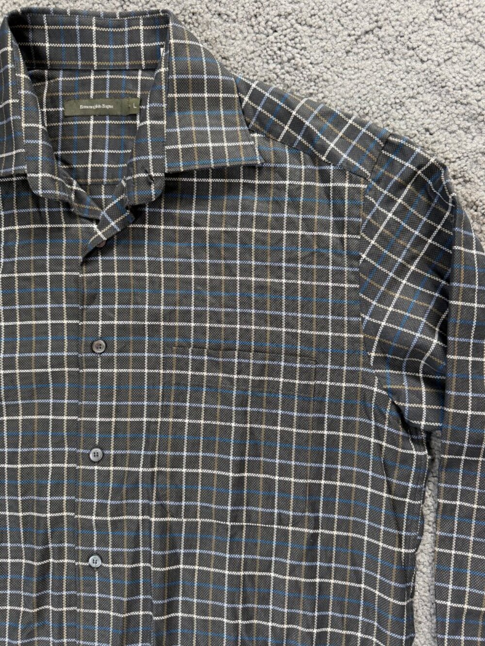 Ermenegildo Zegna Men L Charcoal Grey Plaid Windowpane 100% Cotton Shirt Luxury - Picture 3 of 13